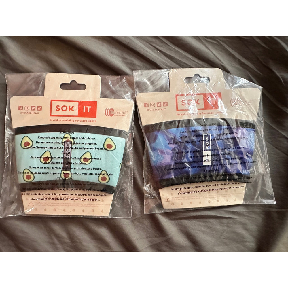 SOK-IT Reusable Beverage Sleeve Bundle Set of 2 Avocado & Blue Tie-Dye New